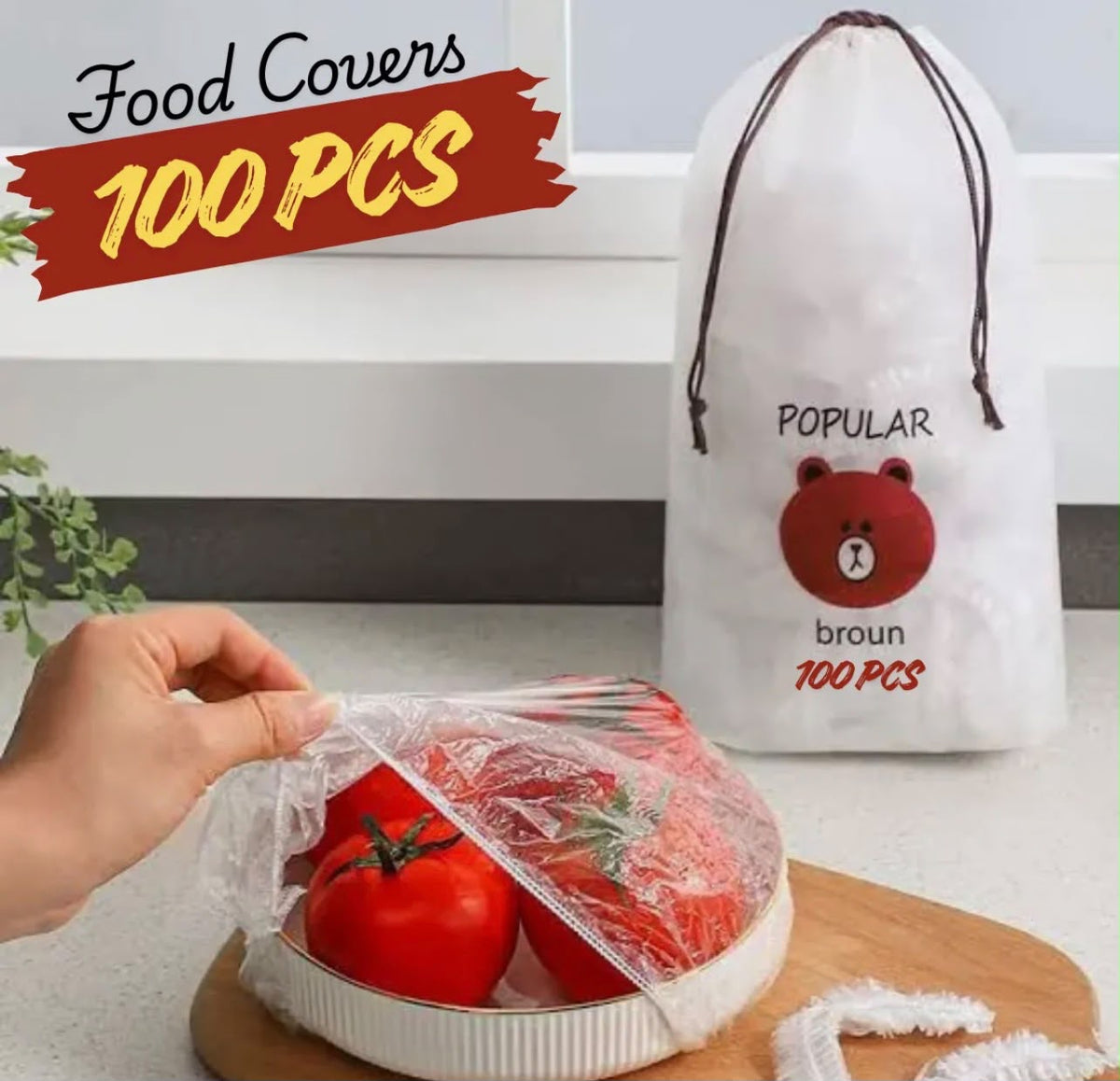 100Pcs Cute Bear Printed Reusable Food Covers – Waterproof Bowl & Plate Covers
